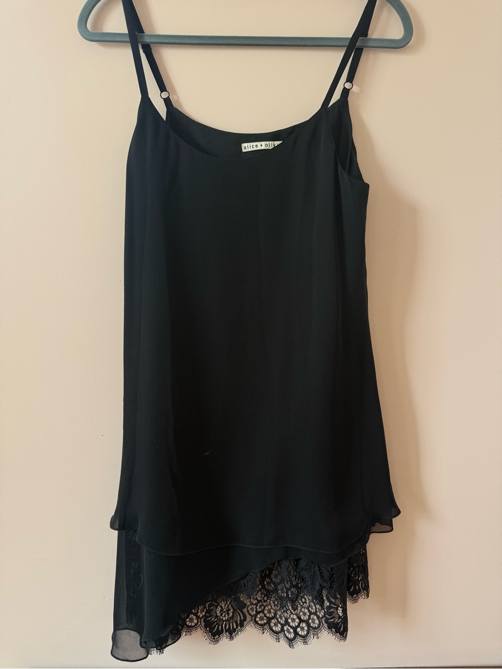 Alice + Olivia Black Asymmetrical Slip Dress with Lace Trim
